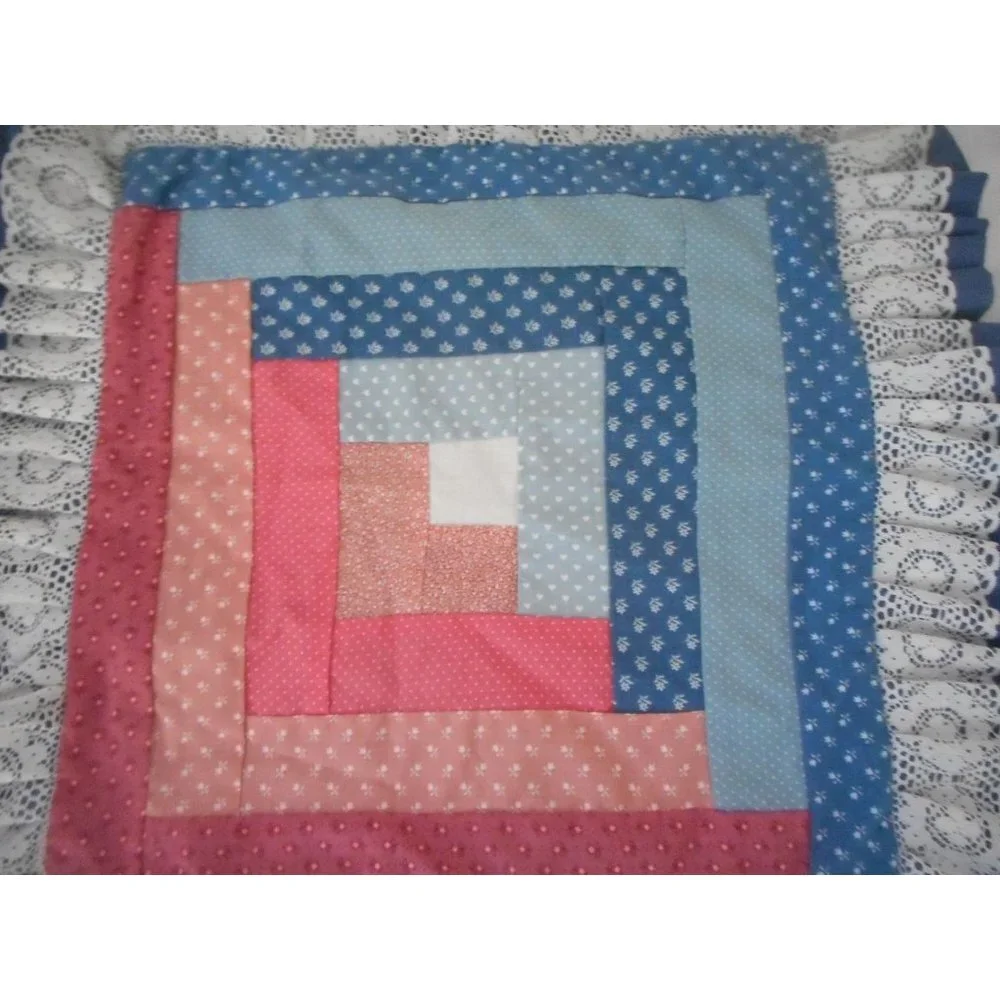 Vtg Handmade Quilted Amish Log Cabin Pattern Throw Pillow cover Blue 17 X 17